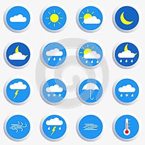 Weather icon set. Colorful weather forecast symbols: clouds, sun, moon, rain. Vector illustration.